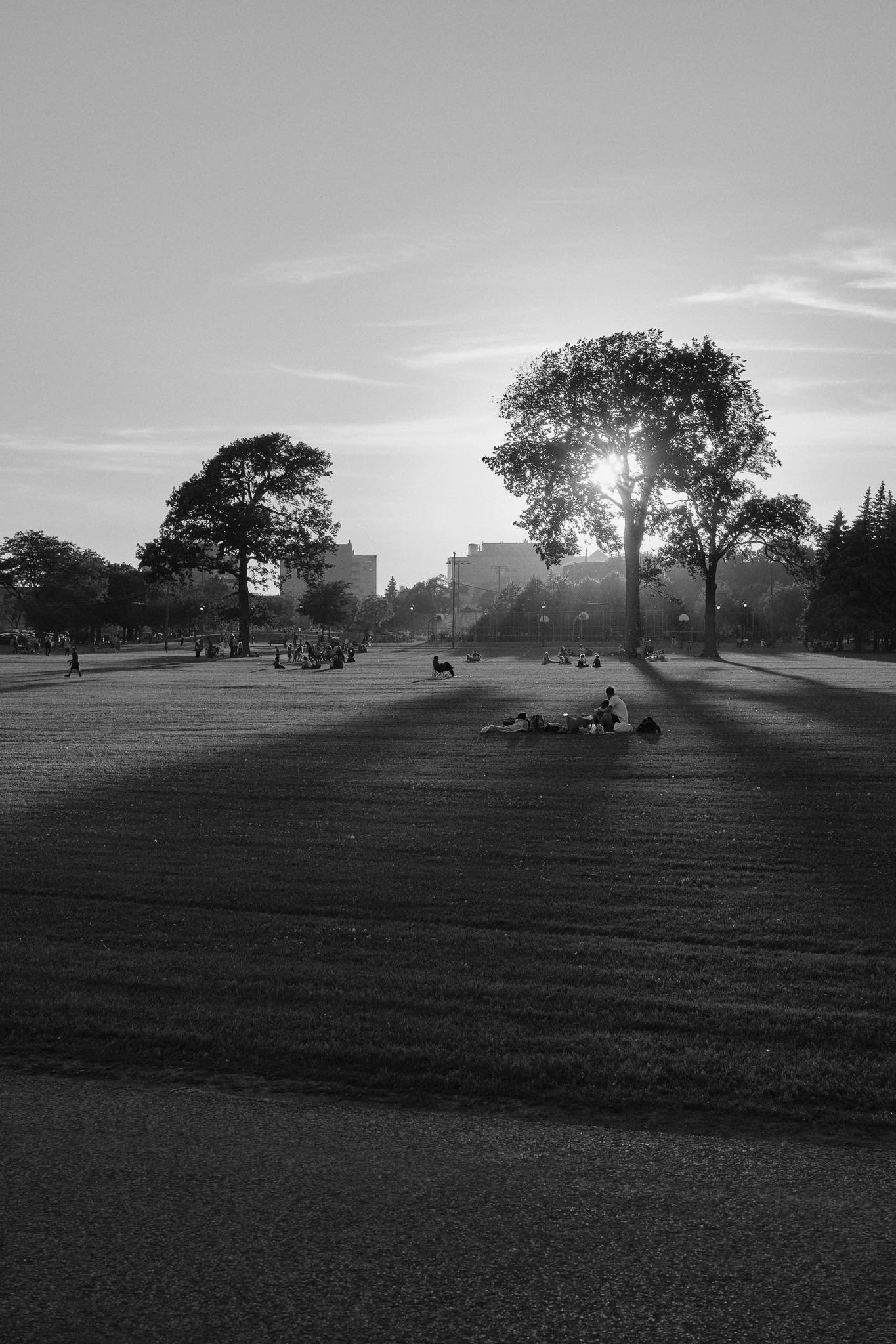 The sun sets over Parc Jarry - black and white