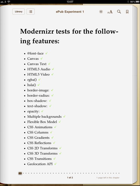 A screenshot of modernizr running in iBooks