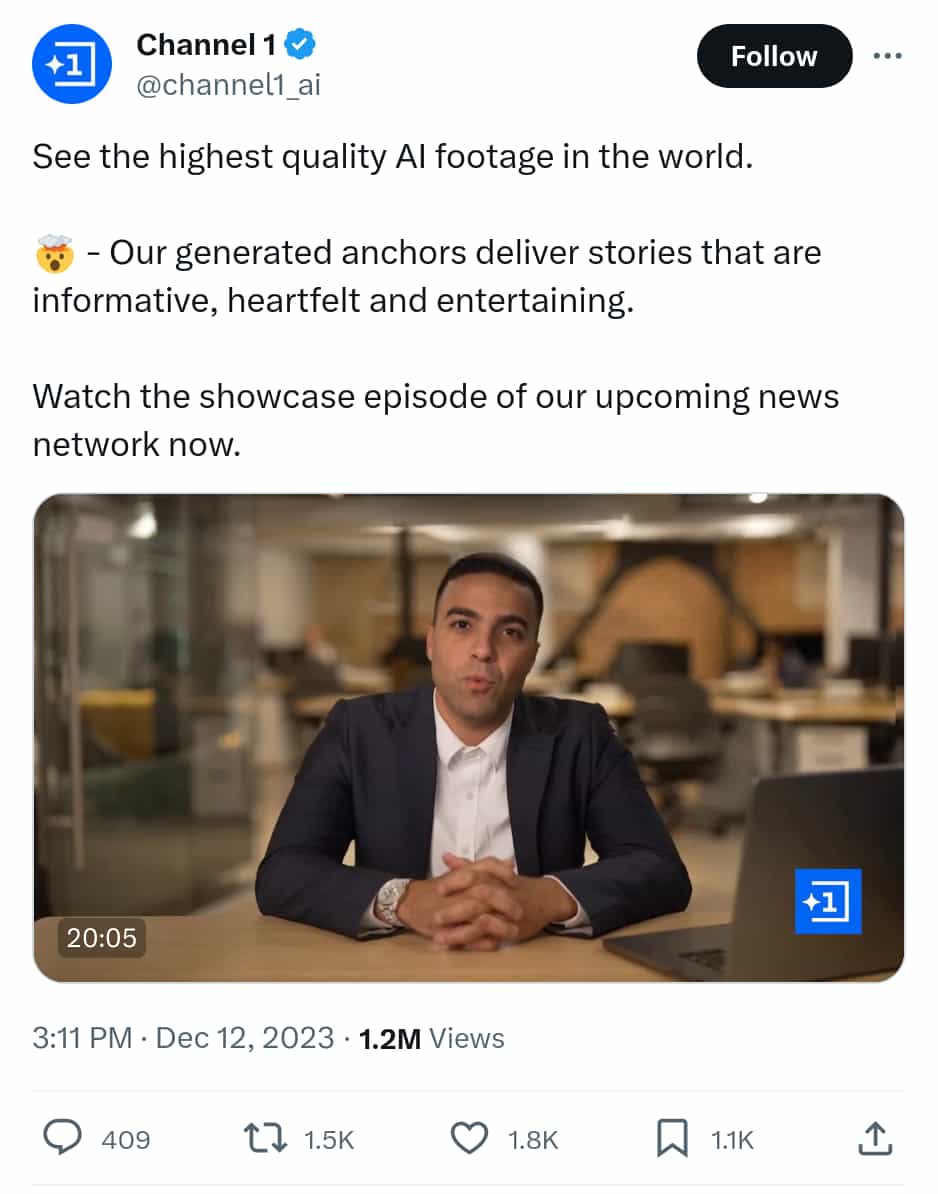 A screenshot of a tweet featuring an AI-generated talking head and the following text: 'See the highest quality AI footage in the world. 🤯 - Our generated anchors deliver stories that are informative, heartfelt and entertaining. Watch the showcase episode of our upcoming news network now.'