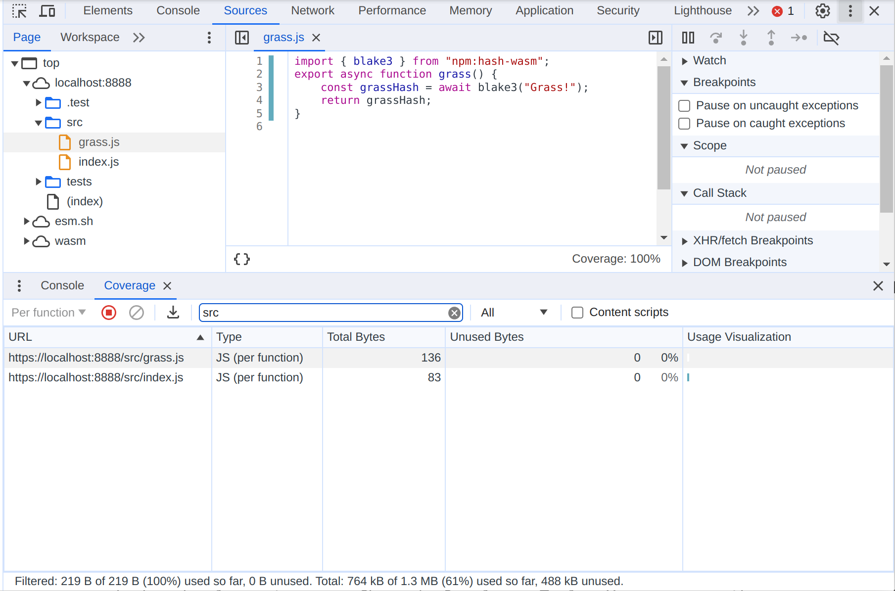 A screenshot showing the 'Coverage' panel in Chrome Developer Tools
