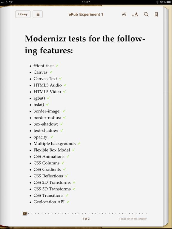 A screenshot of modernizr running in iBooks