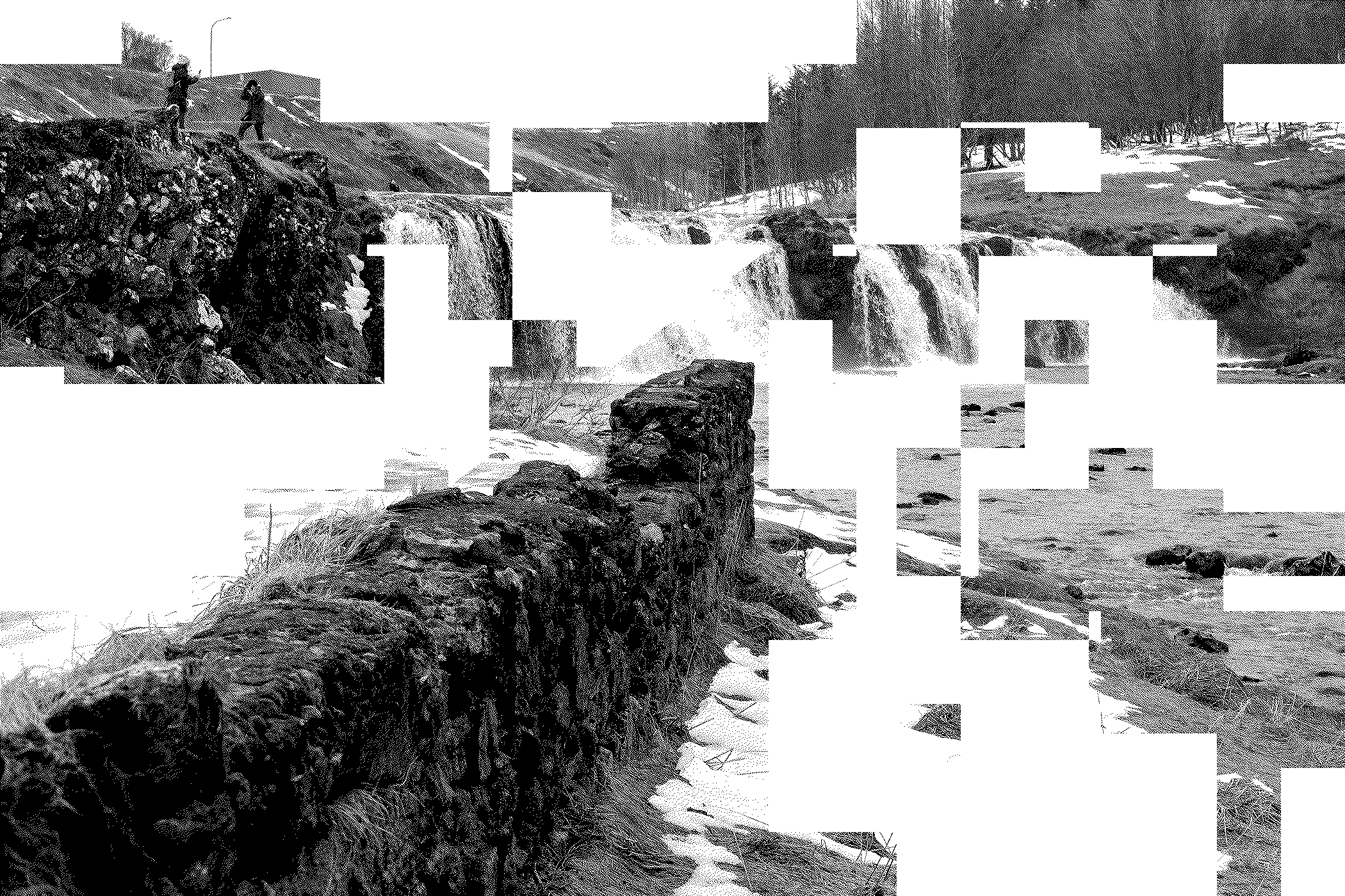 A view of the waterfall in Varmá. The picture is dithered and blocky. Reminiscent of how the original mac computers rendered pictures.