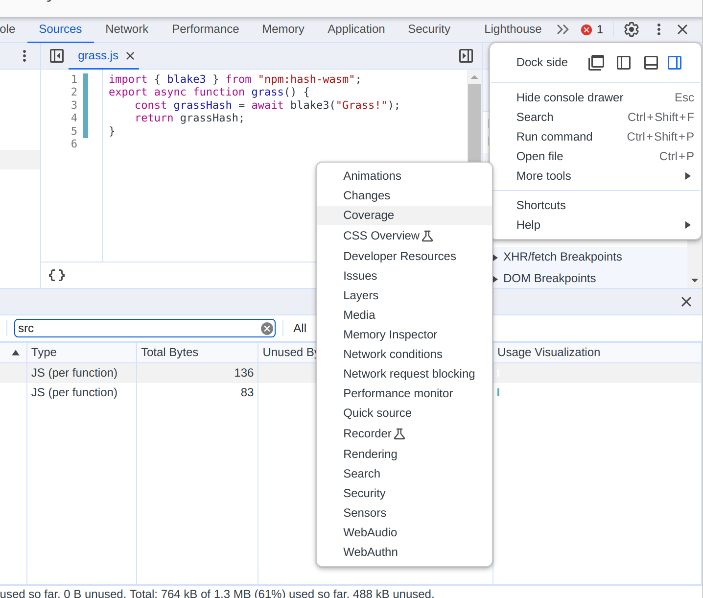 A screenshot of the menu leading to 'Coverage' open in Chrome Developer Tools